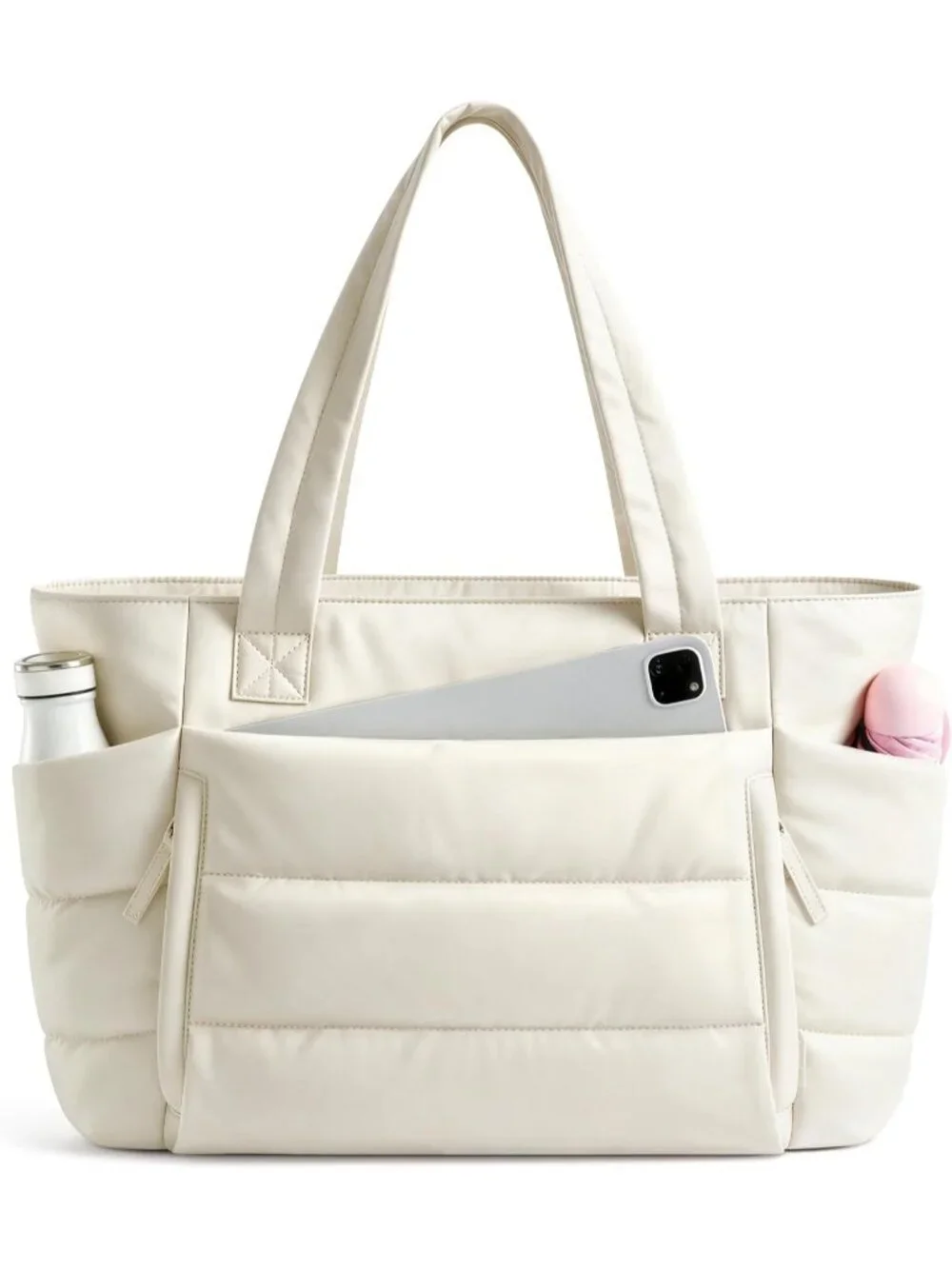 👜Women's Beige Quilted Puffer Tote Bag Zipper Work Bag With Compartments